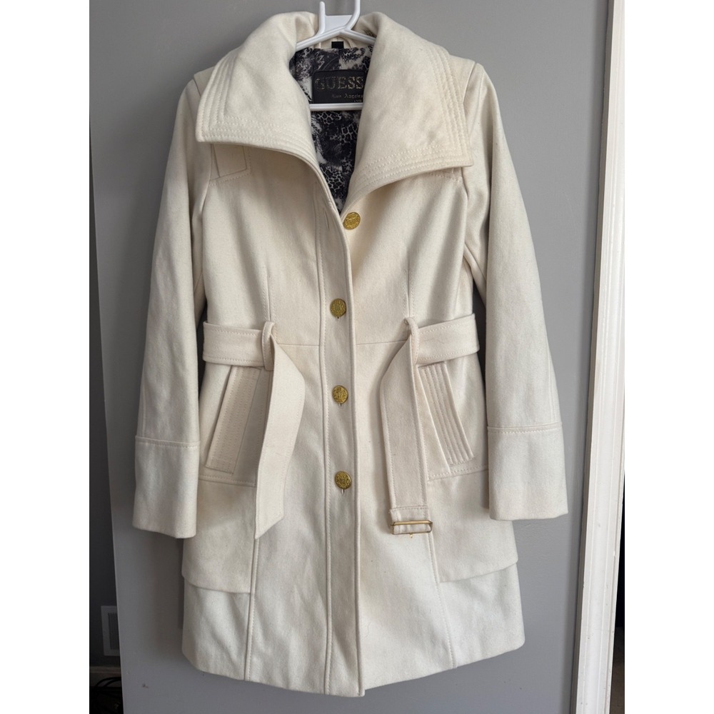 Guess Belted Wool Blend Trench Coat Cream/Off White size Small